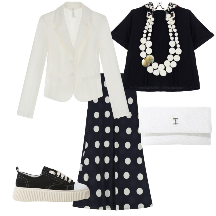 Outfit donna - Outfit imperial. per Ufficio. Abbinamento con sneakers, borse a tracolla, gonne lunghe, t-shirt, blazer, ciondoli.