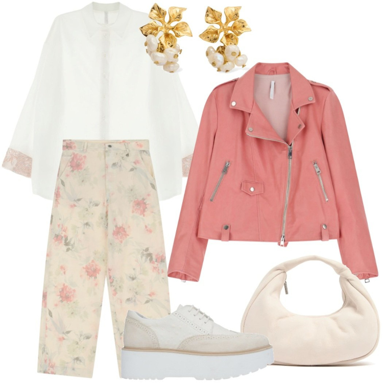 Outfit donna - Romantico rosa pesca. Stile Romantica per Tutti i giorni. Abbinamento con scarpe stringate, camicie, giacche, pantaloni, borse a mano, orecchini.