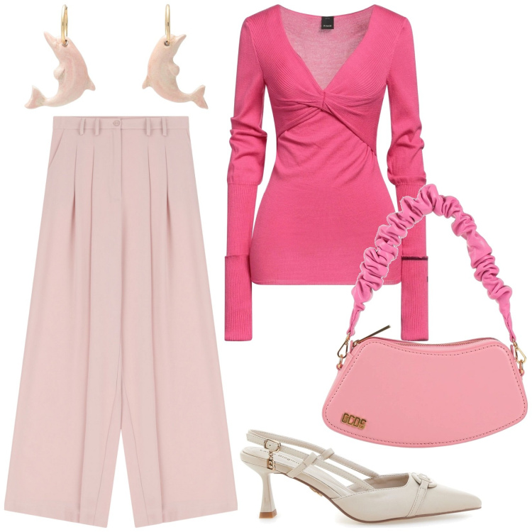 Outfit donna - Rosa per la primavera!. Stile Bon Ton per Serata fuori. Abbinamento con pullovers, orecchini, borse a mano, pantaloni, décolleté.