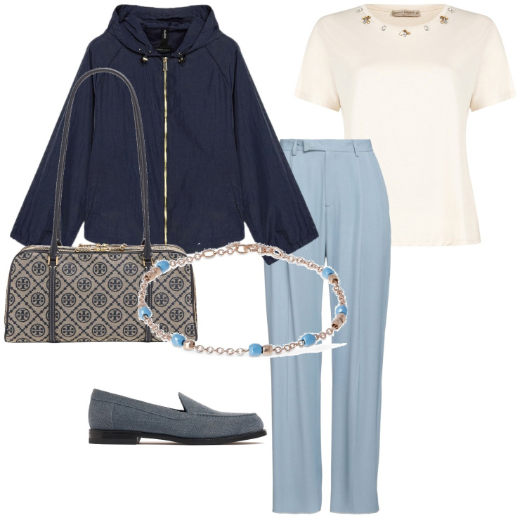 Outfit donna - Commissioni di sabato mattina. per Tutti i giorni. Abbinamento con pantaloni, t-shirt, parka, borse a spalla, mocassini, braccialetti.