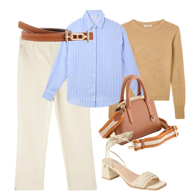 Outfit donna - Casual chic. Stile Casual chic per Tutti i giorni. Abbinamento con pantaloni chino, camicie, maglieria, sandali alla schiava, borse a mano, cinture.