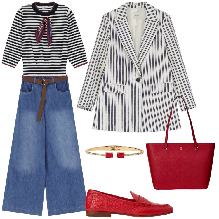 Outfit donna - Un po’ di rosso scalda il cuore. Stile Boho per Tutti i giorni. Abbinamento con borse tote, mocassini, braccialetti, maglieria, jeans, blazer.