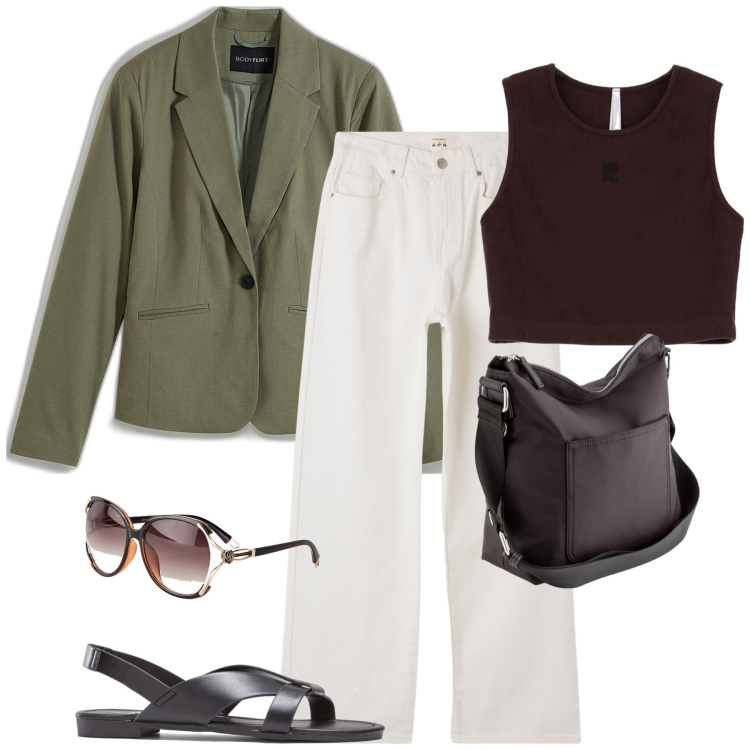 Outfit donna - City. Stile Urban per Tutti i giorni. Abbinamento con blazer, occhiali da sole, sandali, pantaloni, canottiere, borse a tracolla.