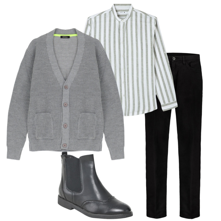 Outfit uomo - In ufficio. Stile Urban per Ufficio. Abbinamento con stivali e stivaletti, camicie, cardigans, pantaloni.