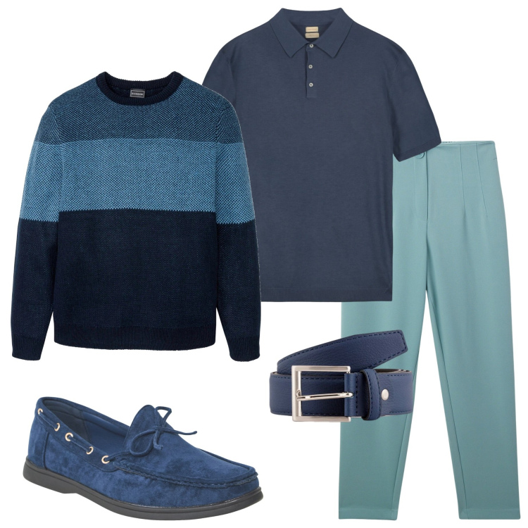 Outfit uomo - Sfumature. Stile Urban per Tutti i giorni. Abbinamento con maglieria, scarpe stringate, pantaloni chino, cinture, polo.