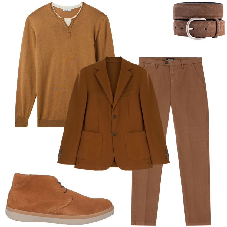 Outfit uomo - Mocha mousse. Stile Urban per Tutti i giorni. Abbinamento con stivali e stivaletti, maglieria, pantaloni chino, giacche, cinture.