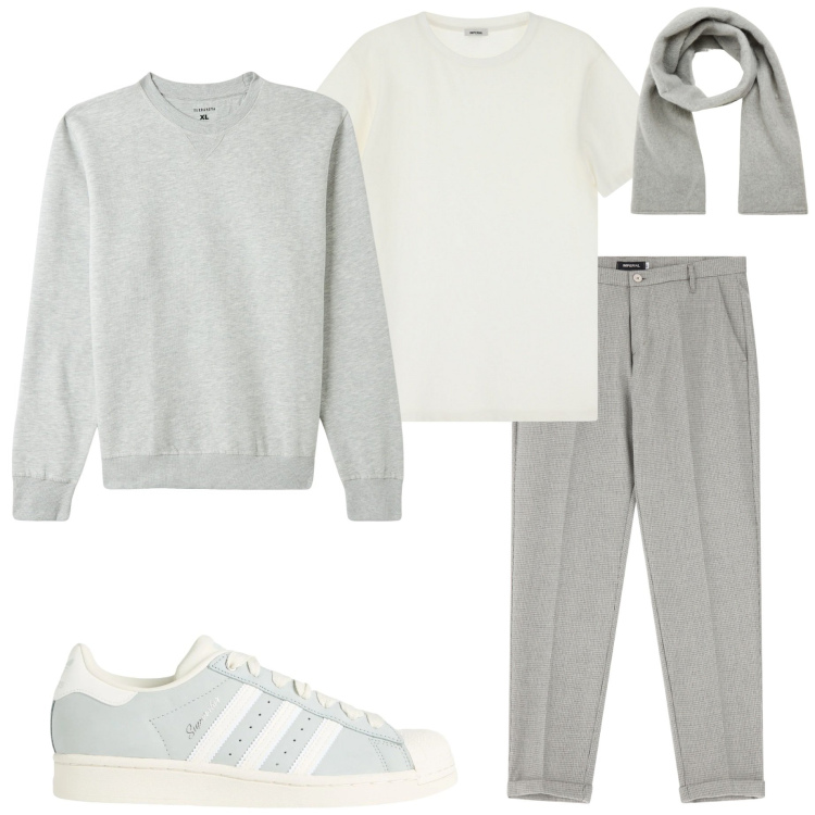 Outfit uomo - Grigio e bianco. Stile Urban per Tutti i giorni. Abbinamento con sneakers, sciarpe e foulard, felpe, pantaloni, t-shirt.