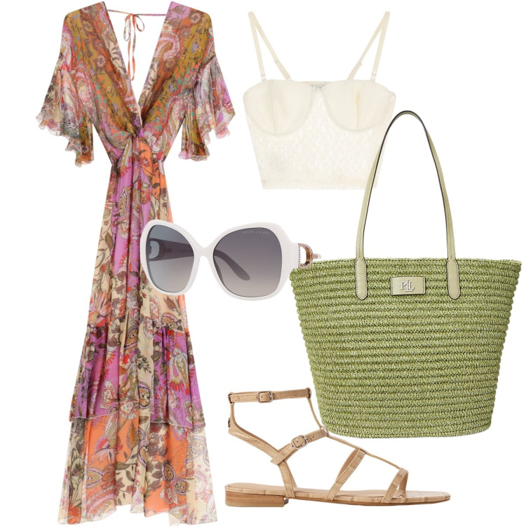 Outfit donna - Leggere e spensierate. Stile Glamour per Tutti i giorni. Abbinamento con top, vestiti lunghi, occhiali da sole, sandali alla schiava, borse tote.
