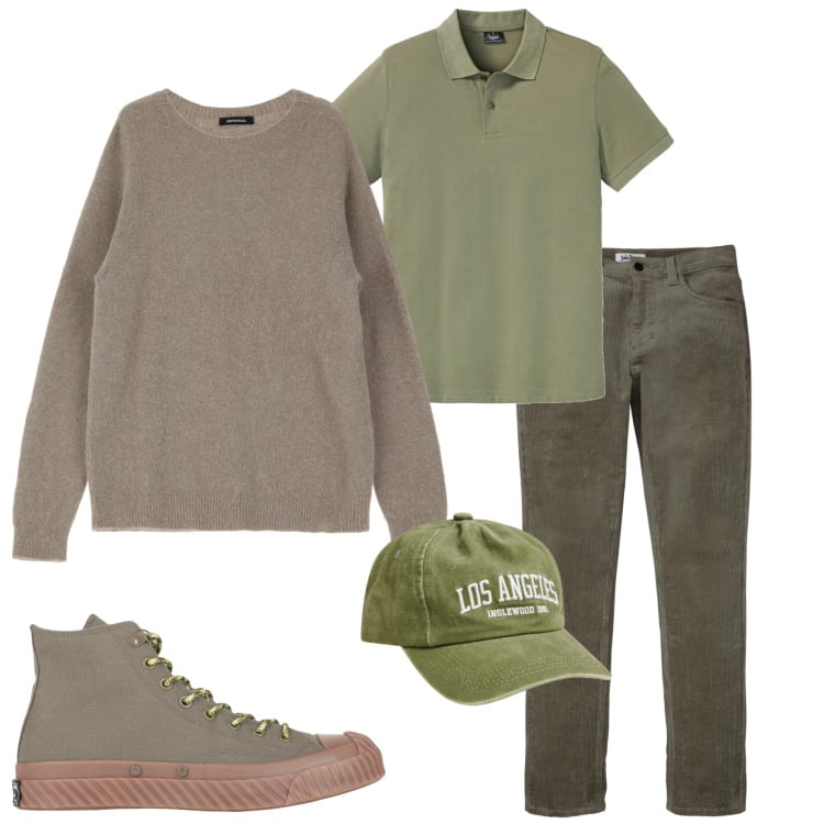 Outfit uomo - Monocolore. Stile Casual per Tutti i giorni. Abbinamento con polo, pantaloni, sneakers alte, cappelli, maglieria.