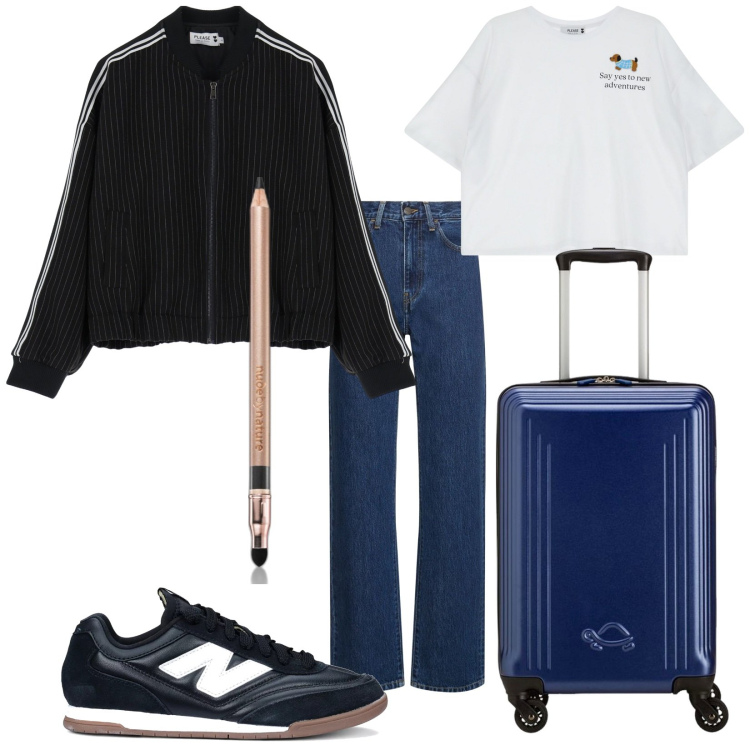 Outfit donna - Total look #2089924. Stile Casual per Tutti i giorni. Abbinamento con eyeliner, sneakers, t-shirt, bomber, jeans dritti, valigie.