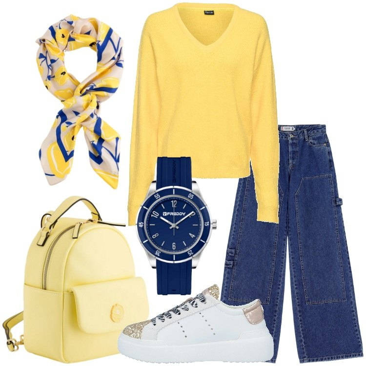 Outfit donna - Giallo e blu. Stile Casual per Tutti i giorni. Abbinamento con maglieria, sneakers, jeans, orologi, foulard, zaini.