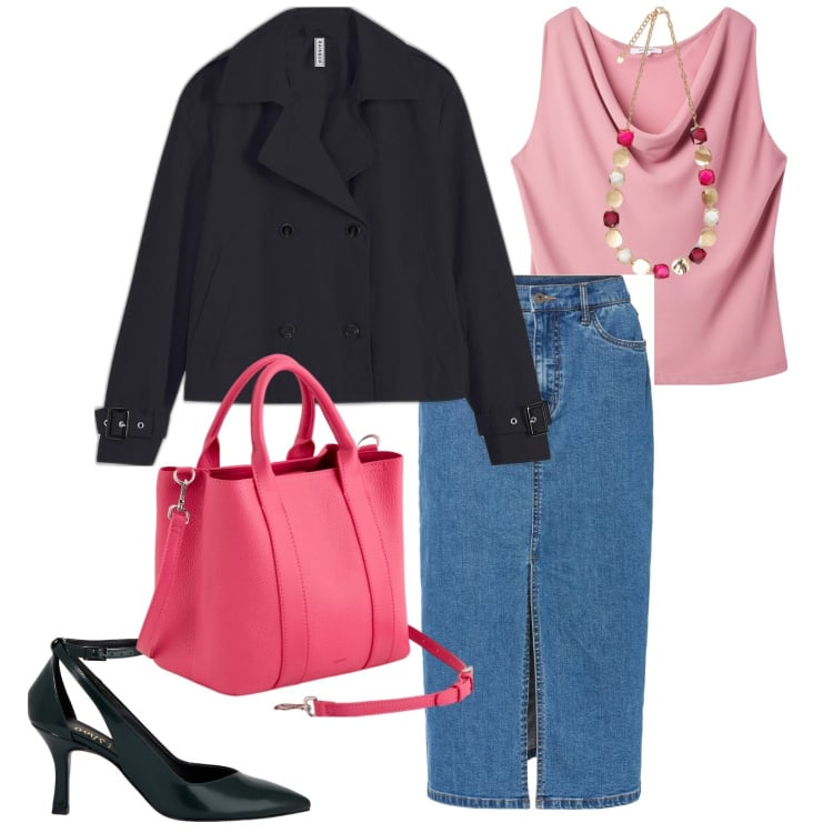 Outfit donna - La primavera è rosa. per Scuola/Università. Abbinamento con gonne lunghe, trench, collane, canottiere, décolleté, borse a mano.