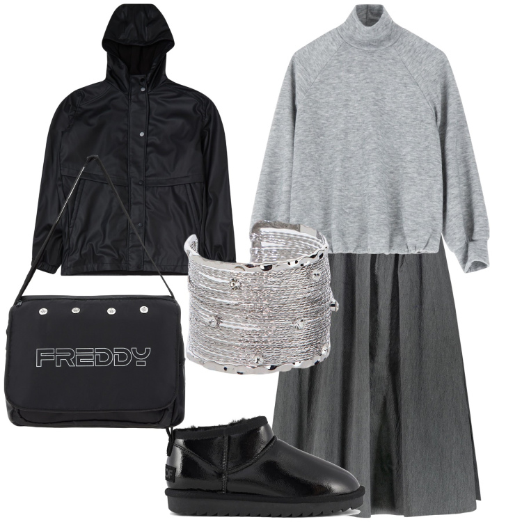 Outfit donna - Sabato piovoso. Stile Basic per Tutti i giorni. Abbinamento con blazer, maglieria, borse messenger, braccialetti, gonne, stivali.