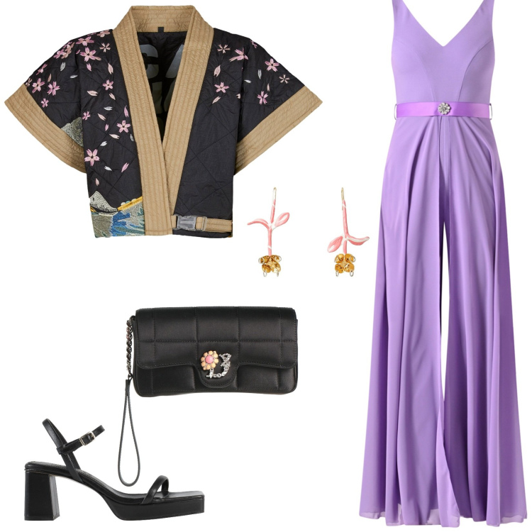 Outfit donna - Jumpsuit elegante non solo x cerimonie. Stile Glamour per Tutti i giorni. Abbinamento con sandali in pelle, orecchini, borse a mano, tute, kimono.