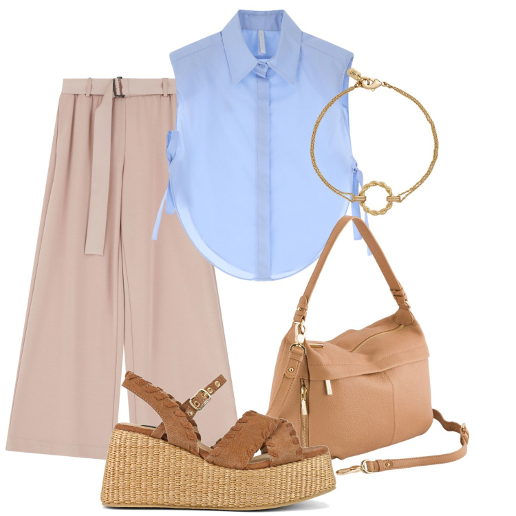 Outfit donna - Total look #2089943. Stile Casual chic per Ufficio. Abbinamento con camicie, pantaloni, braccialetti, zeppe, borse a tracolla.
