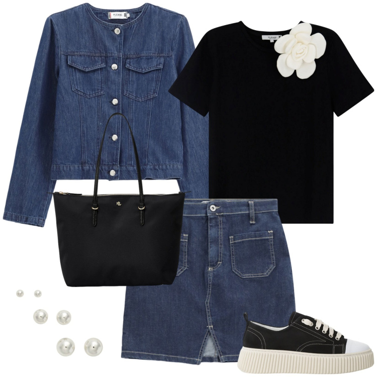 Outfit donna - Completo di jeans. Stile Sporty chic per Tutti i giorni. Abbinamento con minigonne, t-shirt, blazer, sneakers, borse tote, orecchini.