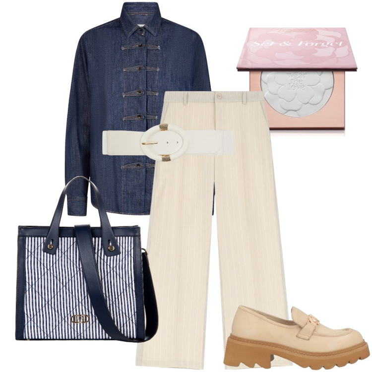 Outfit donna - La borsa a righe. Stile Urban per Ufficio. Abbinamento con mocassini, ciprie, cinture, shopping bag, pantaloni, camicie.