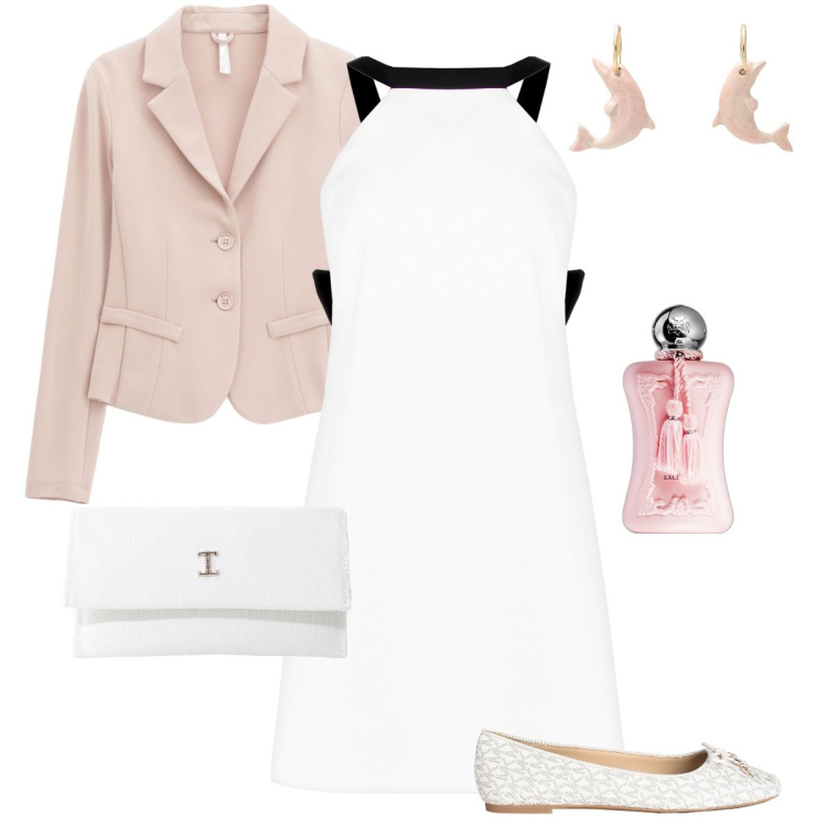 Outfit donna - Delfini come orecchini. Stile Romantica per Tutti i giorni. Abbinamento con orecchini, ballerine, profumi, vestiti, blazer, borse a tracolla.
