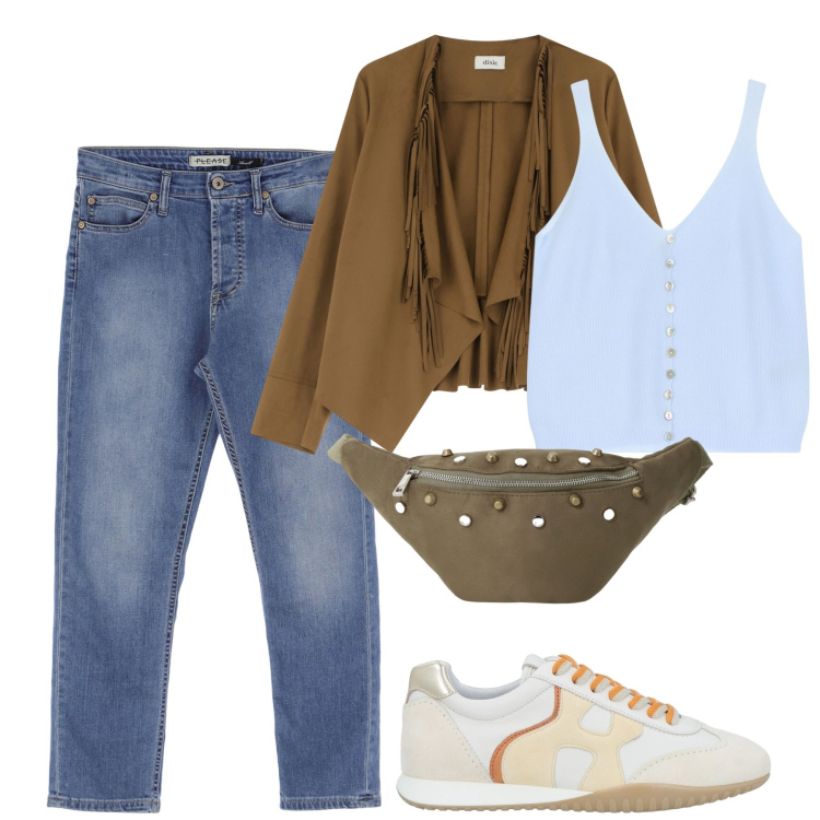 Outfit donna - City. Stile Casual chic per Tutti i giorni. Abbinamento con sneakers, jeans, top, marsupi, blazer.