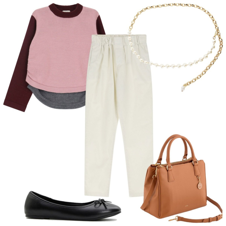 Outfit donna - Total look #2089952. Stile Trendy per Tutti i giorni. Abbinamento con ballerine, pullovers, collane, pantaloni chino, borse a mano.