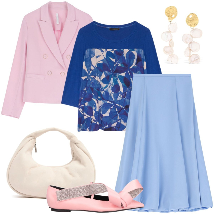 Outfit donna - Le ballerine col fiocco. Stile Romantica per Cerimonia. Abbinamento con ballerine, gonne longuette, blazer, t-shirt, orecchini, borse a mano.