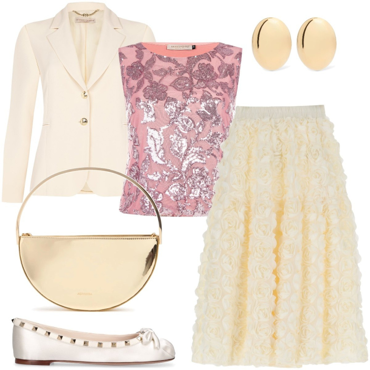 Outfit donna - Il top damascato. Stile Glamour per Cerimonia. Abbinamento con gonne, top, blazer, orecchini, pochette, ballerine.