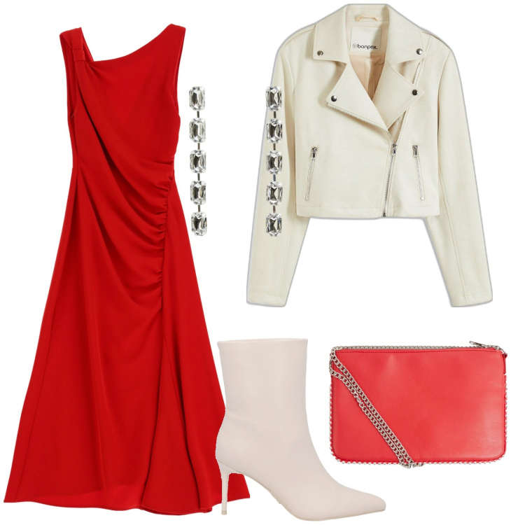 Outfit donna - Occasione speciale. Stile Chic per Serata fuori. Abbinamento con blazer, stivaletti, borse a tracolla, orecchini, vestiti asimmetrici.
