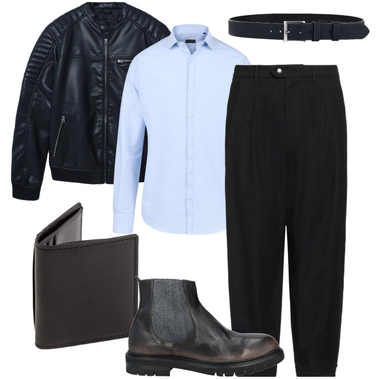 Outfit uomo - Biker un po’ classico. Stile Biker Rock per Serata speciale. Abbinamento con pantaloni, stivali e stivaletti, giacche, cinture, camicie, portafogli.