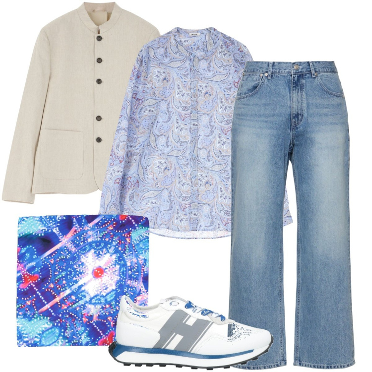 Outfit uomo - Camicia e foulard a fantasia. Stile Trendy per Tutti i giorni. Abbinamento con sciarpe, sneakers, giacche, camicie, jeans.