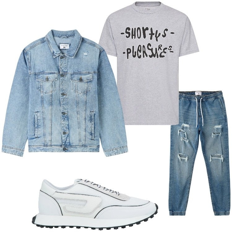 Outfit uomo - Supercasual. Stile Casual per Tutti i giorni. Abbinamento con sneakers, giacche, jeans strappati, t-shirt.