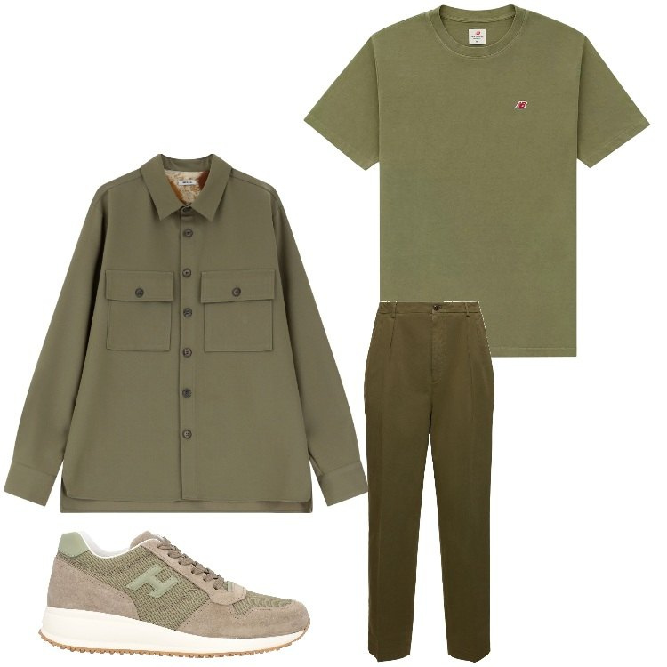 Outfit uomo - Verde come il bosco. Stile Casual per Tutti i giorni. Abbinamento con sneakers, t-shirt, camicie, pantaloni.