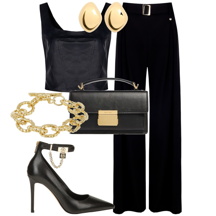 Outfit donna - Serata. Stile Glamour per Serata fuori. Abbinamento con décolleté, top, pantaloni, borse a mano, orecchini, braccialetti.