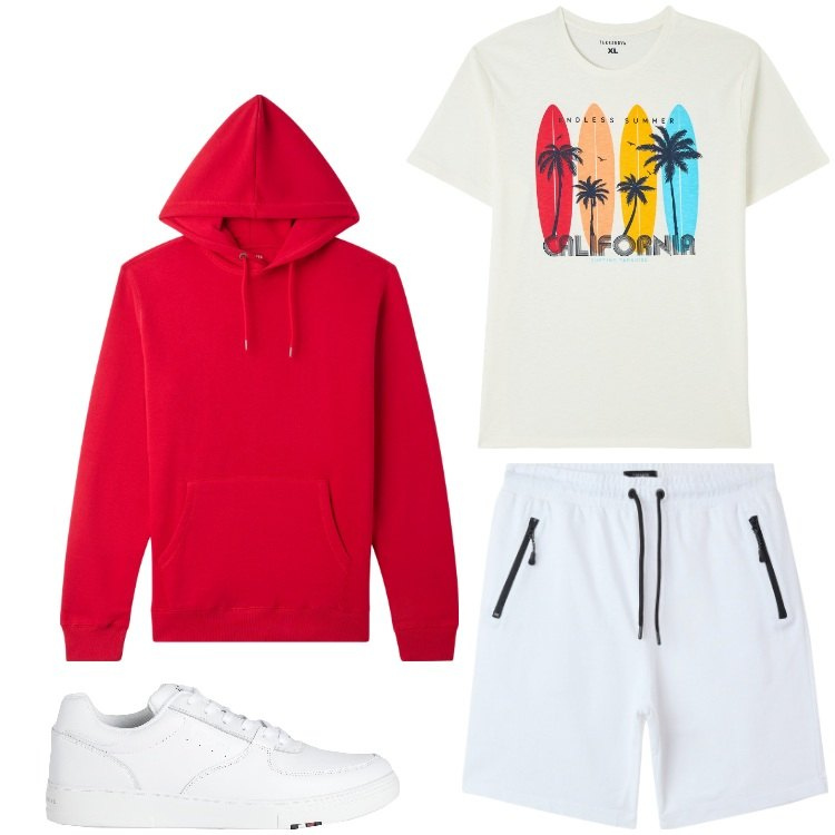 Outfit uomo - Tempo di sport. Stile Casual per Sport. Abbinamento con sneakers, t-shirt, felpe con cappuccio, bermuda.
