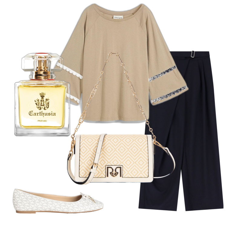 Outfit donna - Carthusia. Stile Chic per Tutti i giorni. Abbinamento con t-shirt, ballerine, profumi, borse a tracolla, pantaloni a palazzo.