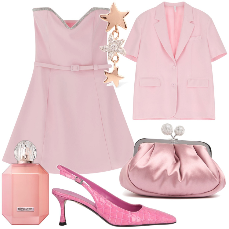 Outfit donna - Pink is pink. Stile Bon Ton per Cerimonia. Abbinamento con décolleté, profumi, vestiti corti, blazer, orecchini, pochette.