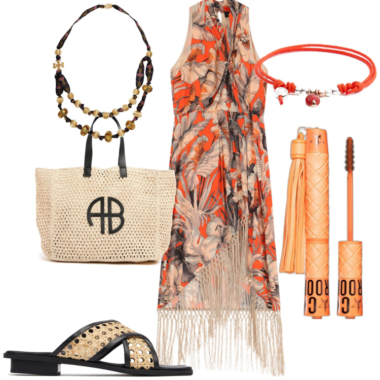 Outfit donna - Boho chic. Stile Boho per Serata fuori. Abbinamento con collane, mascara, vestiti midi/longuette, sandali in pelle, braccialetti, shopping bag.