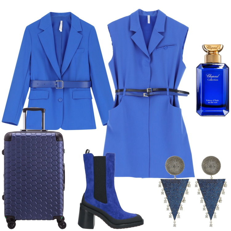 Outfit donna - Zaffiro. Stile Urban per Tutti i giorni. Abbinamento con stivaletti chelsea, profumi, vestiti corti, blazer, valigie, orecchini.