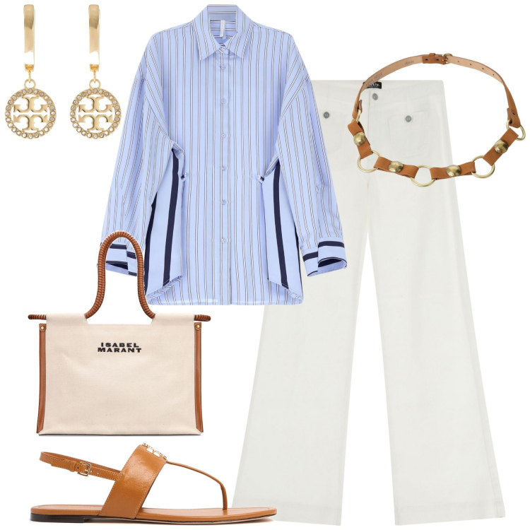Outfit donna - La camicia a righe combinate. Stile Casual chic per Tutti i giorni. Abbinamento con camicie, pantaloni a palazzo, cinture, orecchini, shopping bag, sandali in pelle.