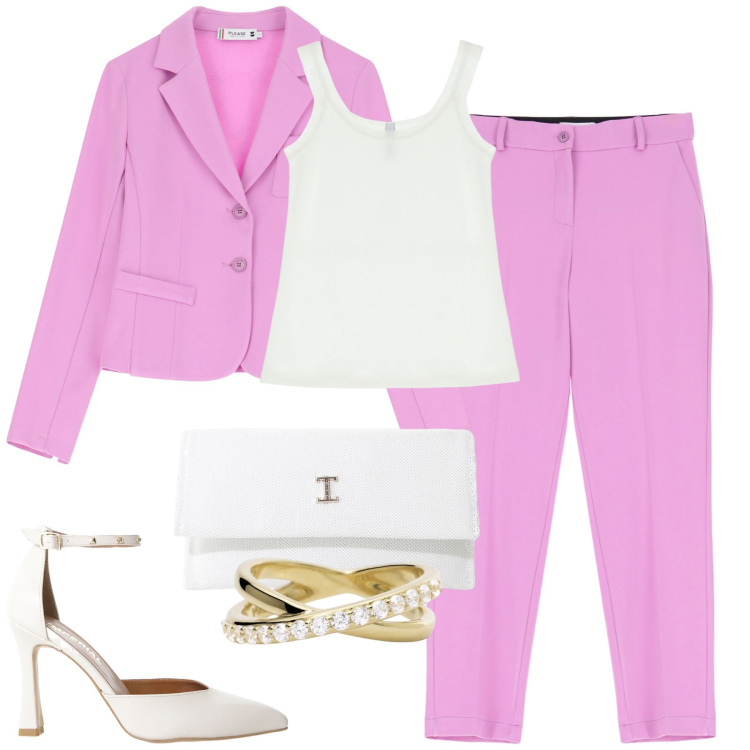 Outfit donna - Rosa acceso. Stile Urban per Tutti i giorni. Abbinamento con anelli, pantaloni, blazer, canottiere, décolleté, borse a tracolla.