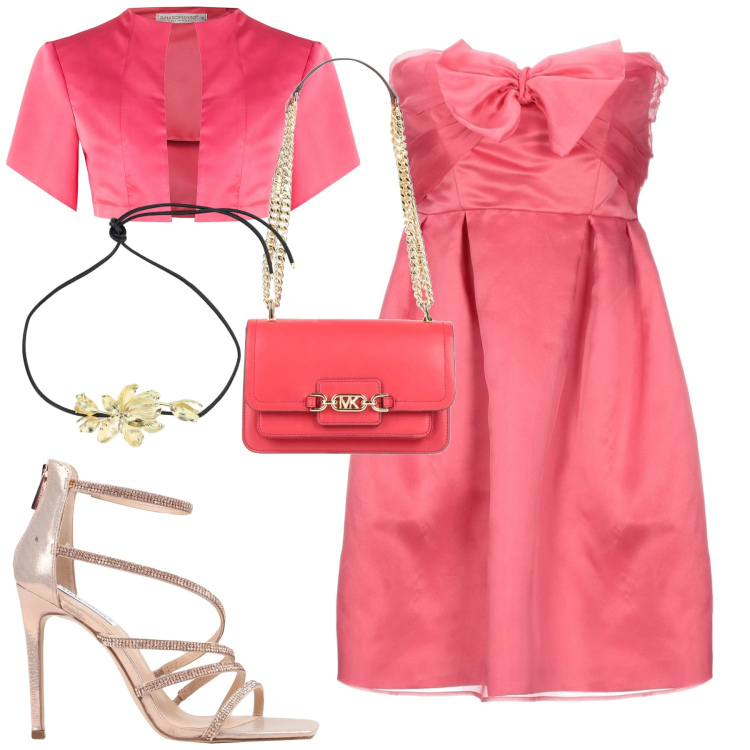 Outfit donna - Cerimonia. Stile Glamour per Cerimonia. Abbinamento con vestiti corti, borse a spalla, sandali col tacco, collane, bolero.