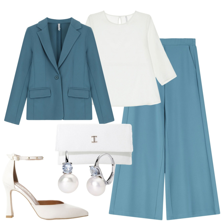 Outfit donna - Timeless. Stile Chic per Tutti i giorni. Abbinamento con orecchini, pantaloni, blazer, borse a tracolla, bluse, décolleté.