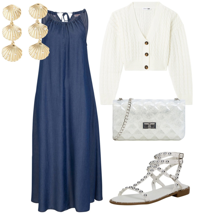 Outfit donna - Le belle serate estive. per Serata fuori. Abbinamento con vestiti, borse a tracolla, orecchini, cardigans, sandali.