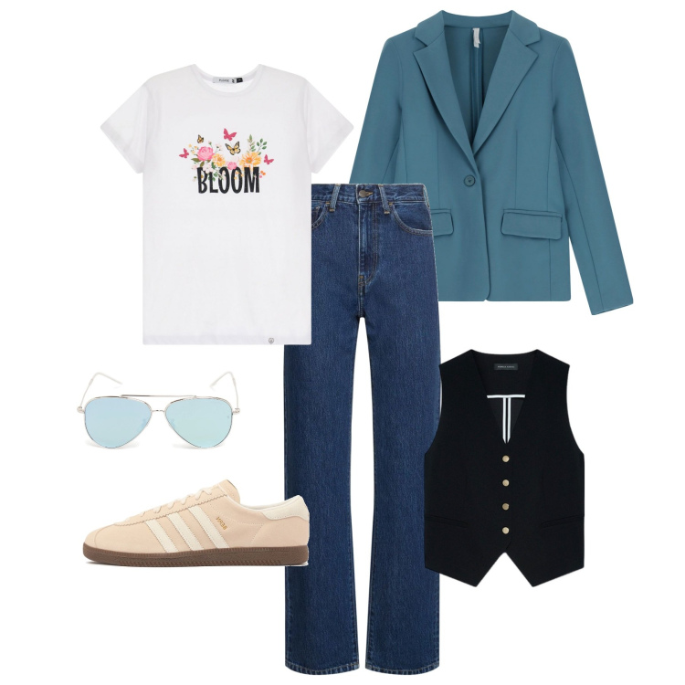 Outfit donna - Spring 1. Stile Casual per Tutti i giorni. look ideale per Tall. Abbinamento con t-shirt, blazer, gilet, jeans dritti, sneakers, occhiali da sole.