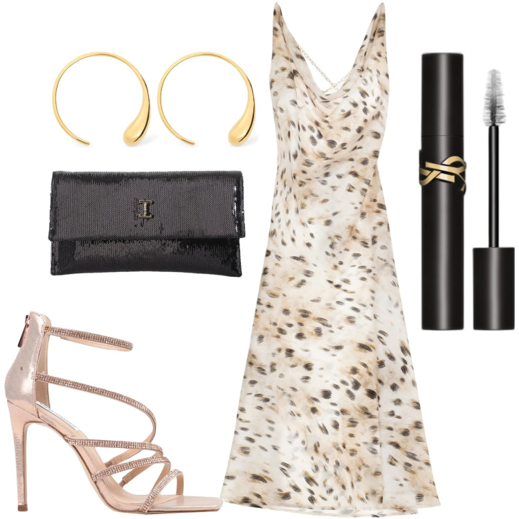 Outfit donna - Audace scollo sulla schiena. Stile Glamour per Serata fuori. Abbinamento con sandali col tacco, mascara, vestiti, borse a tracolla, orecchini.