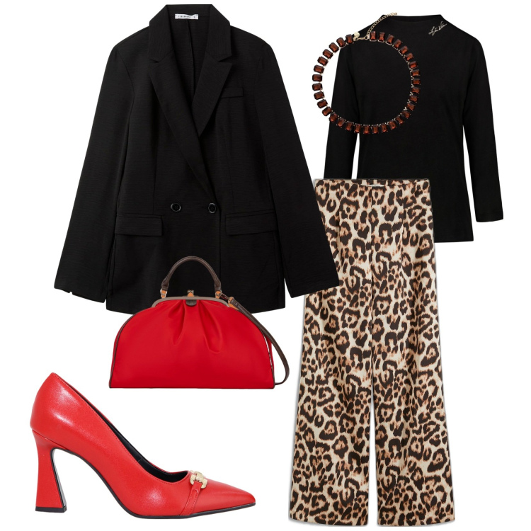 Outfit donna - Leo e rosso. per Serata fuori. Abbinamento con pantaloni, blazer, décolleté, collane, t-shirt, borse a spalla.