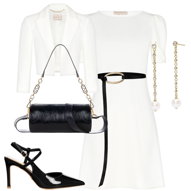 Outfit donna - Timeless white. Stile Chic per Cerimonia. Abbinamento con vestiti, cinture, bolero, borse a mano, décolleté, orecchini.