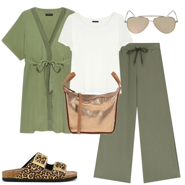 Outfit donna - City. Stile Urban per Tutti i giorni. Abbinamento con borse a mano, pantaloni a palazzo, sandali in pelle, bluse, occhiali da sole, t-shirt.