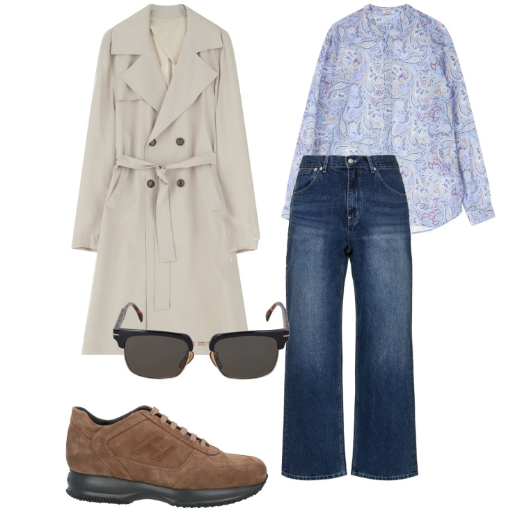Outfit uomo - Tempo incerto. per Mare. Abbinamento con sneakers, camicie, trench, occhiali da sole, jeans.
