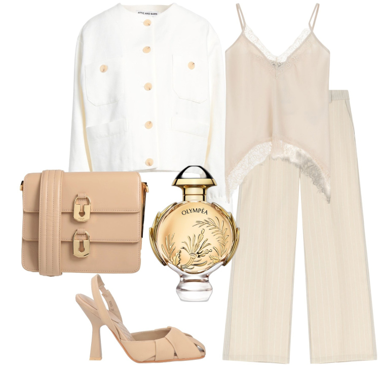 Outfit donna - Olympea. Stile Chic per Cerimonia. Abbinamento con blazer, décolleté, borse a tracolla, profumi, pantaloni, top.