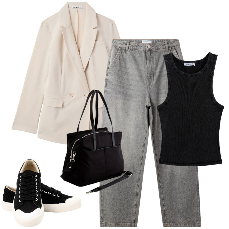 Outfit donna - Marzo. Stile Casual chic per Tutti i giorni. Abbinamento con canottiere, jeans, blazer, sneakers, borse a mano.